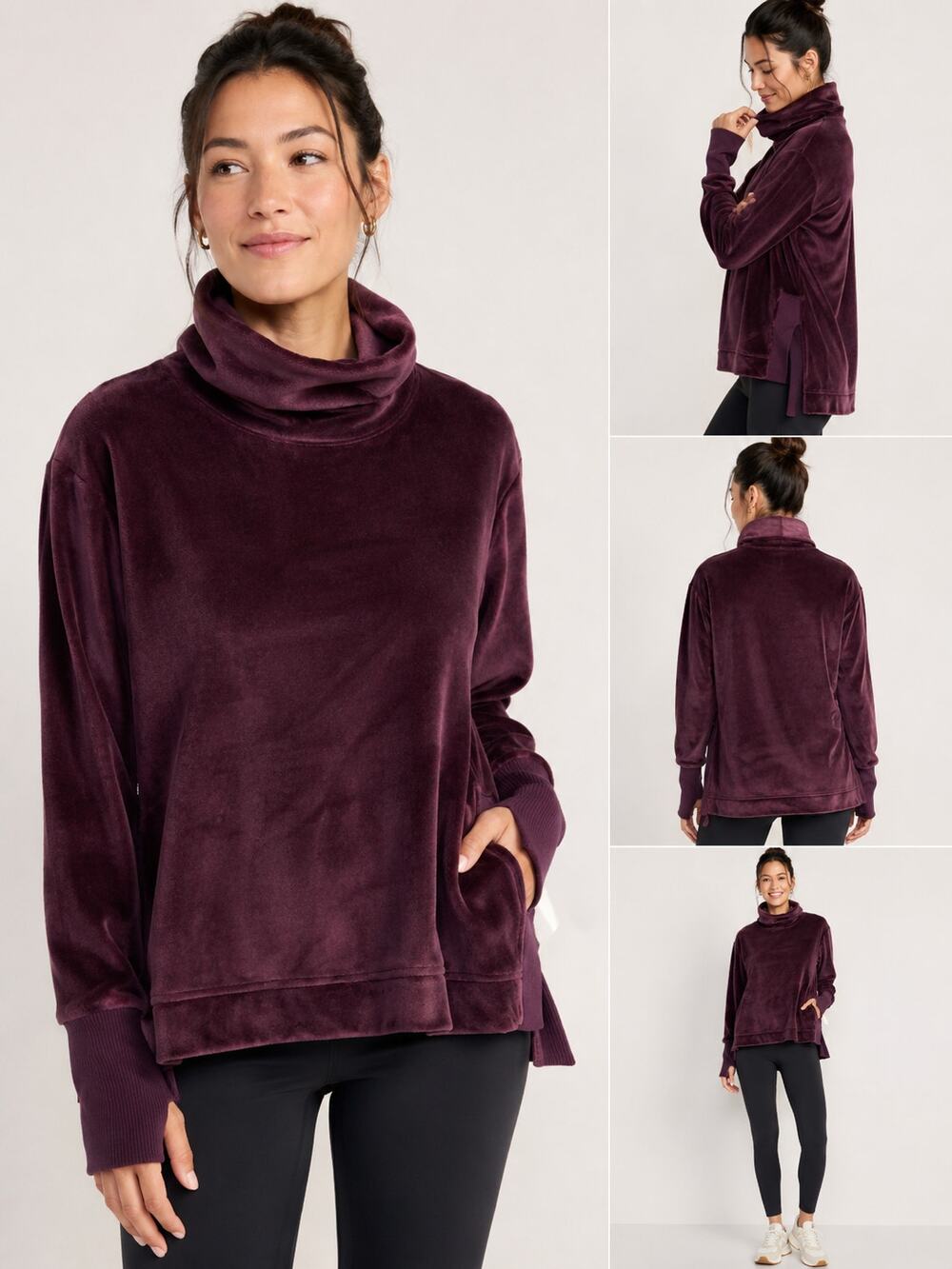 Athleta Double Cozy Karma Funnel Neck XS Burgundy Velour Pullover